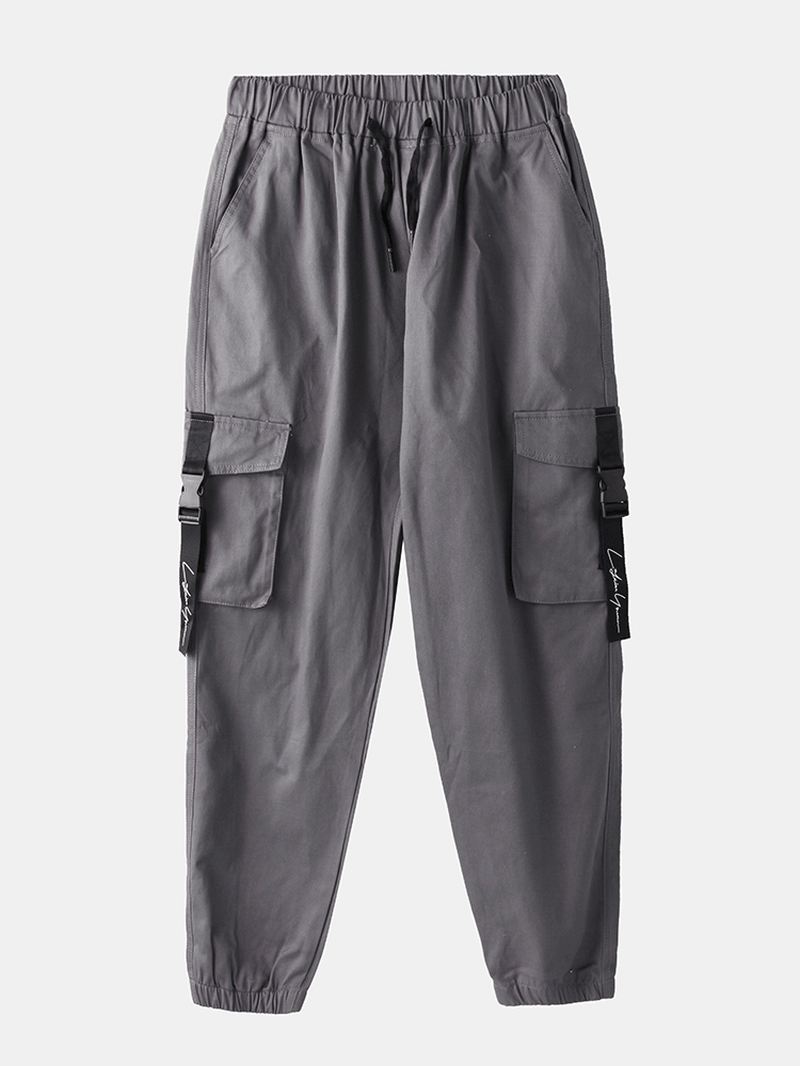 Herre Bomuld Solid Snøre Elastiske Ankel Cargo Bukser Med Push Buckle Pocket