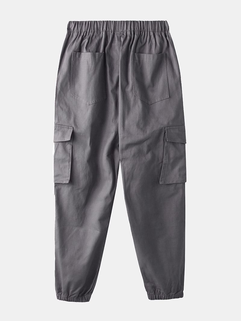 Herre Bomuld Solid Snøre Elastiske Ankel Cargo Bukser Med Push Buckle Pocket