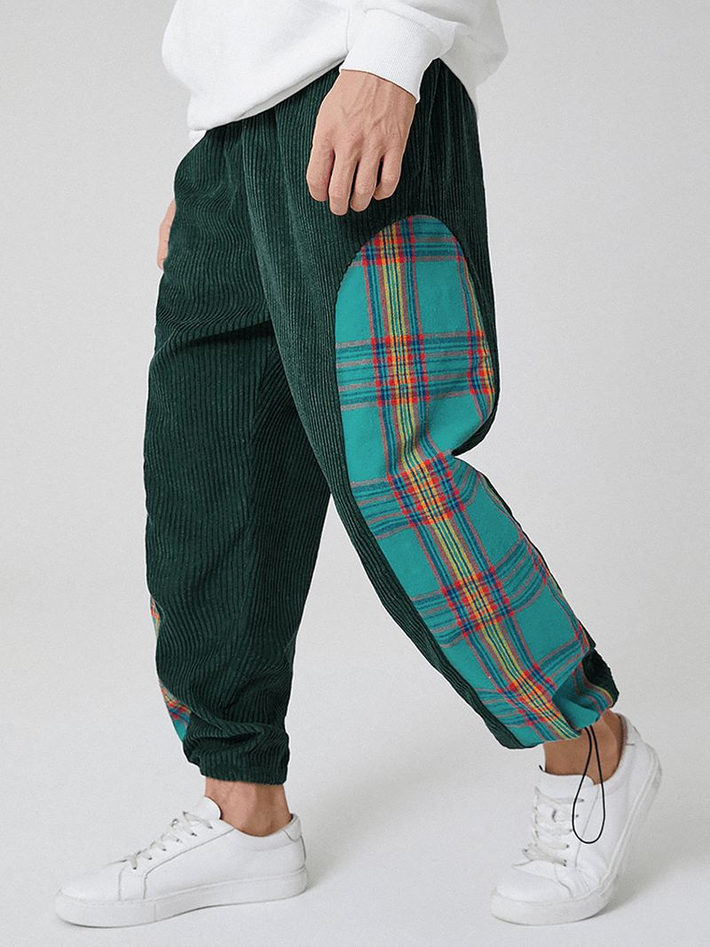 Herre Corduroy Plaid Patchwork Lomme Snøre Elastisk Talje Joggerbukser