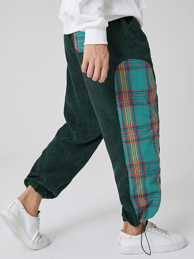 Herre Corduroy Plaid Patchwork Lomme Snøre Elastisk Talje Joggerbukser