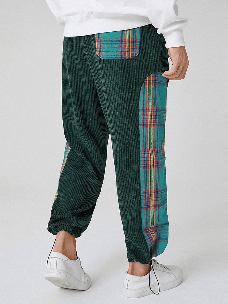 Herre Corduroy Plaid Patchwork Lomme Snøre Elastisk Talje Joggerbukser