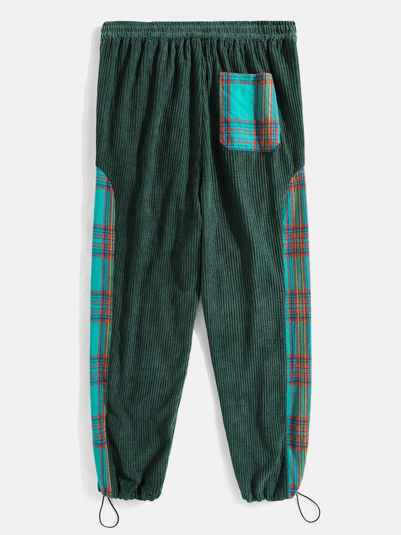 Herre Corduroy Plaid Patchwork Lomme Snøre Elastisk Talje Joggerbukser