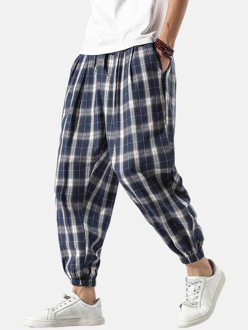 Herre Plaid Linned Casual Snoretræk Elastisk Talje Stråle Fødder Bukser Med Lomme