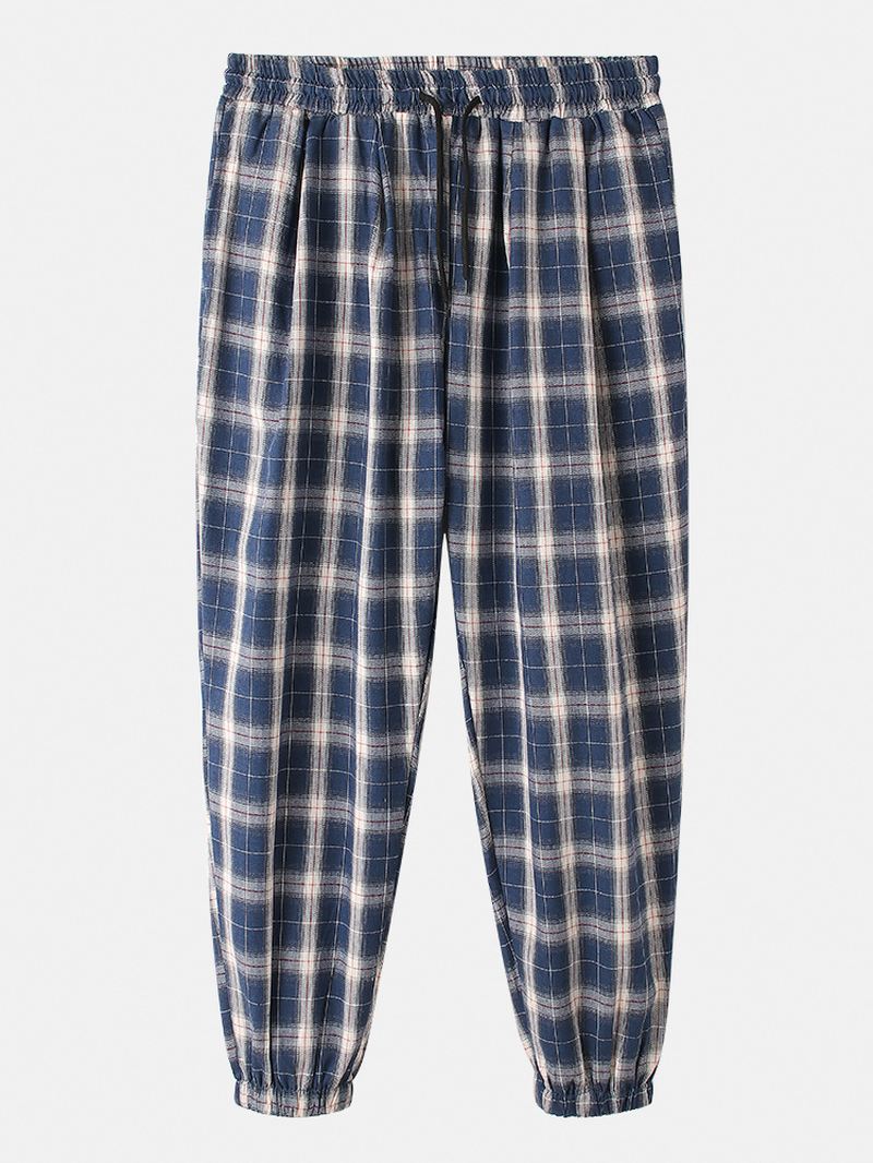 Herre Plaid Linned Casual Snoretræk Elastisk Talje Stråle Fødder Bukser Med Lomme