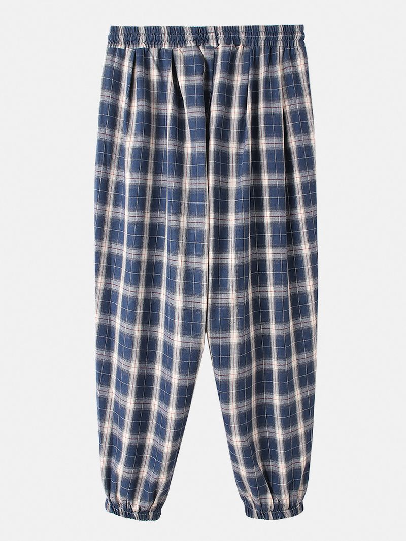 Herre Plaid Linned Casual Snoretræk Elastisk Talje Stråle Fødder Bukser Med Lomme