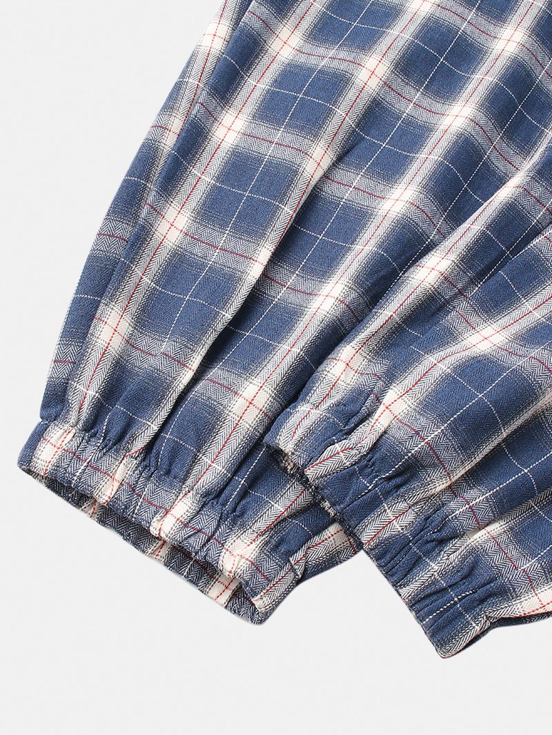 Herre Plaid Linned Casual Snoretræk Elastisk Talje Stråle Fødder Bukser Med Lomme