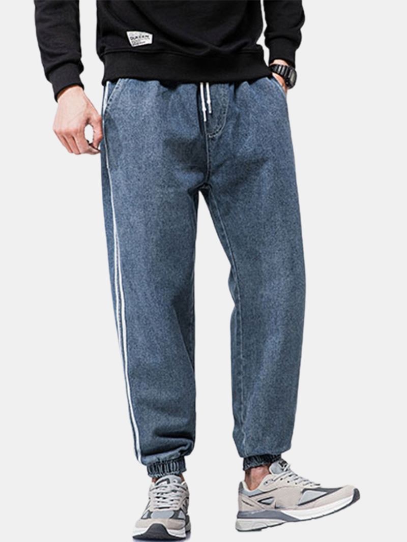 Herre Side Stripe Casual Snøre Elastiske Ankel Vaskede Denimbukser Med Lomme