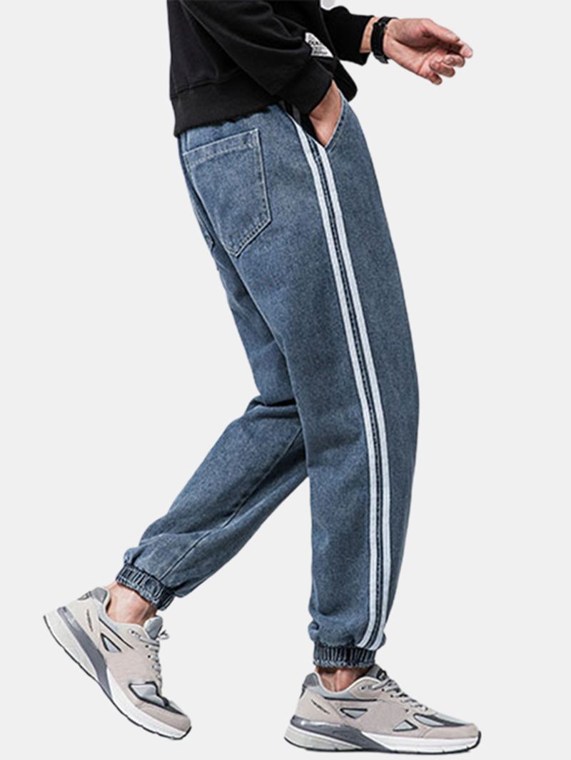 Herre Side Stripe Casual Snøre Elastiske Ankel Vaskede Denimbukser Med Lomme