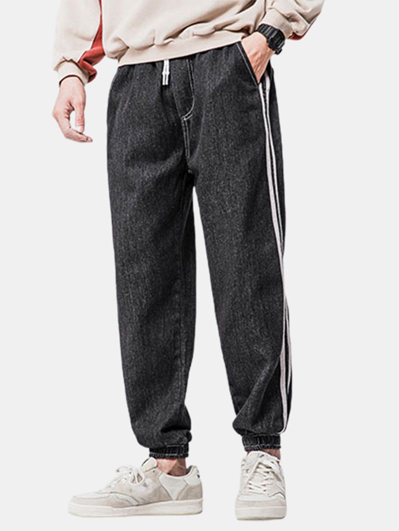 Herre Side Stripe Casual Snøre Elastiske Ankel Vaskede Denimbukser Med Lomme