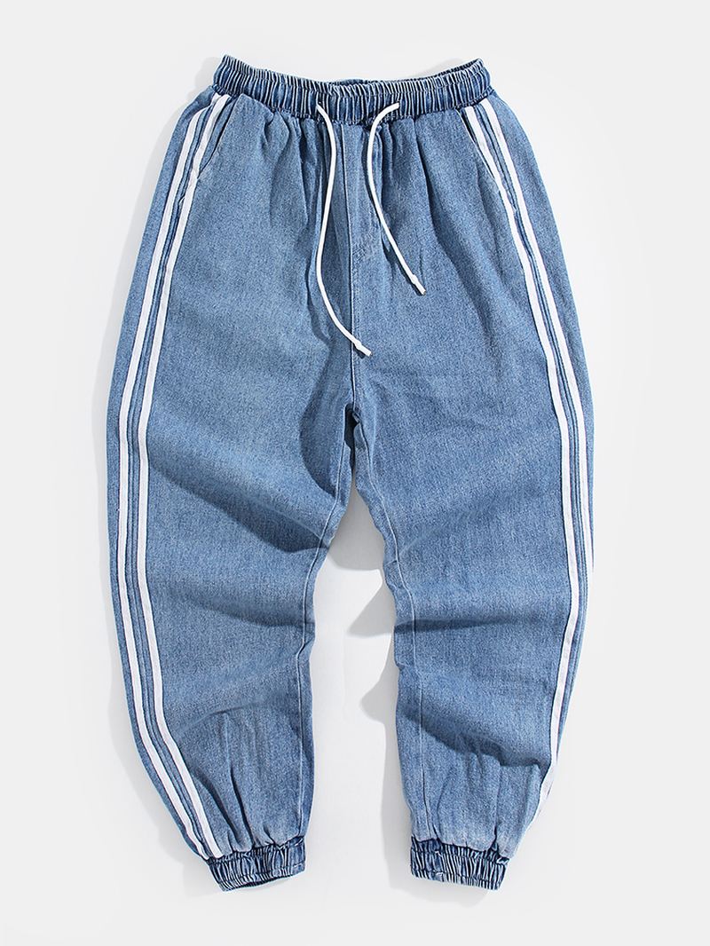 Herre Side Stripe Casual Snøre Elastiske Ankel Vaskede Denimbukser Med Lomme