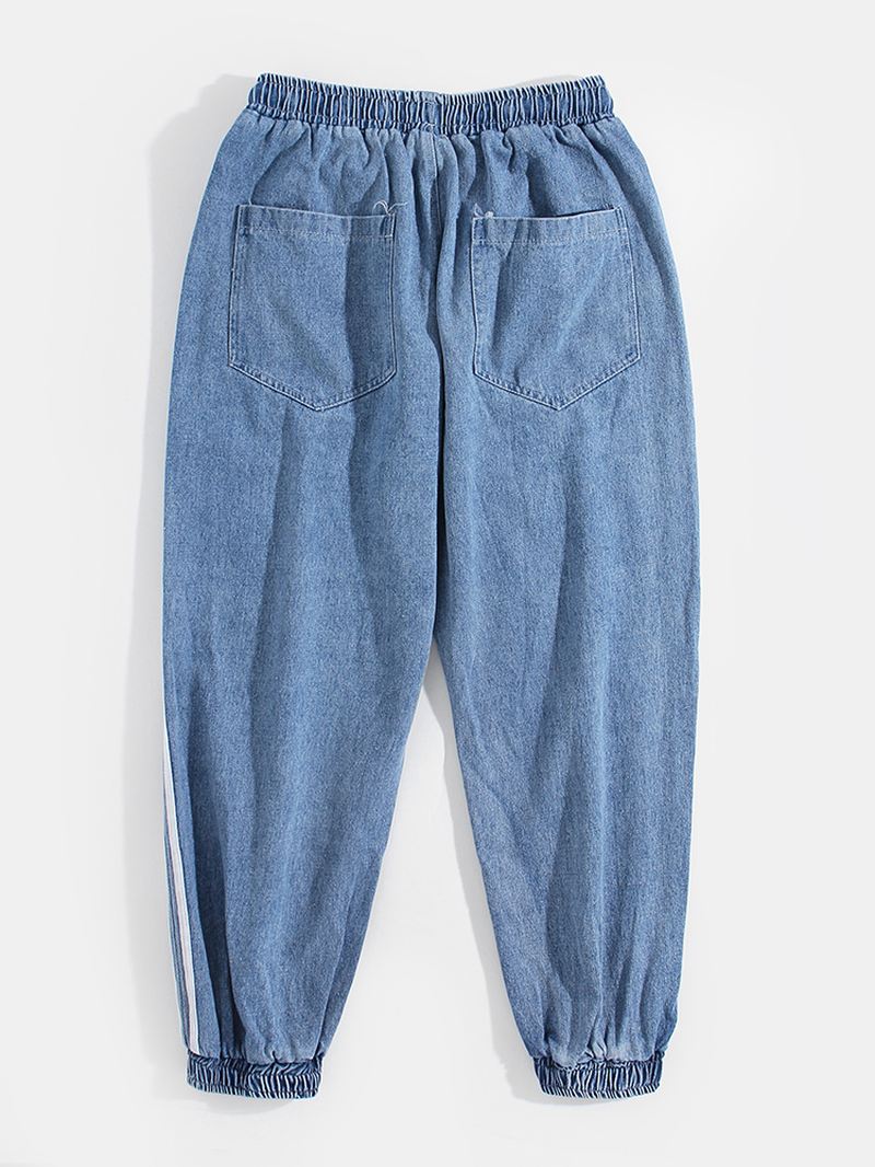 Herre Side Stripe Casual Snøre Elastiske Ankel Vaskede Denimbukser Med Lomme