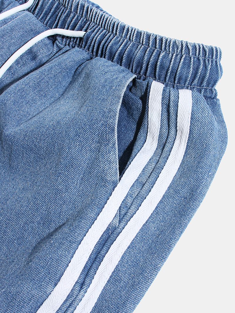 Herre Side Stripe Casual Snøre Elastiske Ankel Vaskede Denimbukser Med Lomme