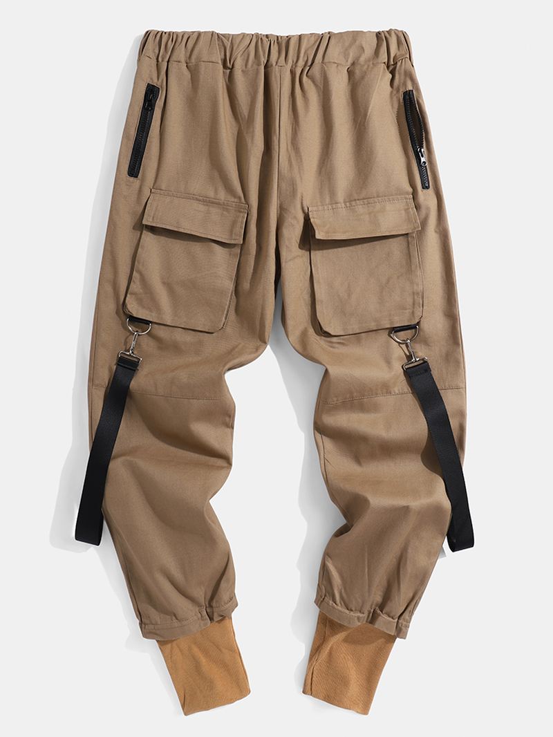 Herre Solid Multi Pocket Elastisk Talje Cargo Beam Feet Bukser Med Bånd