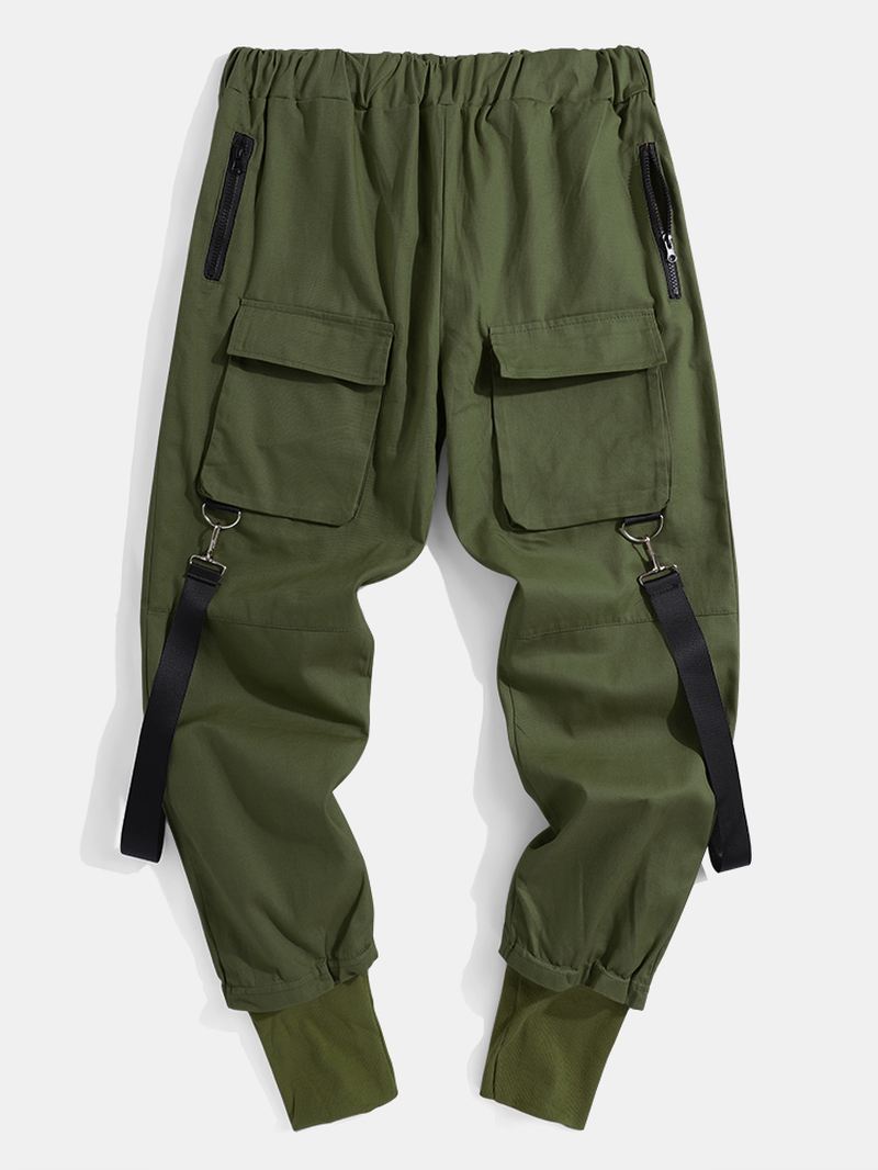 Herre Solid Multi Pocket Elastisk Talje Cargo Beam Feet Bukser Med Bånd