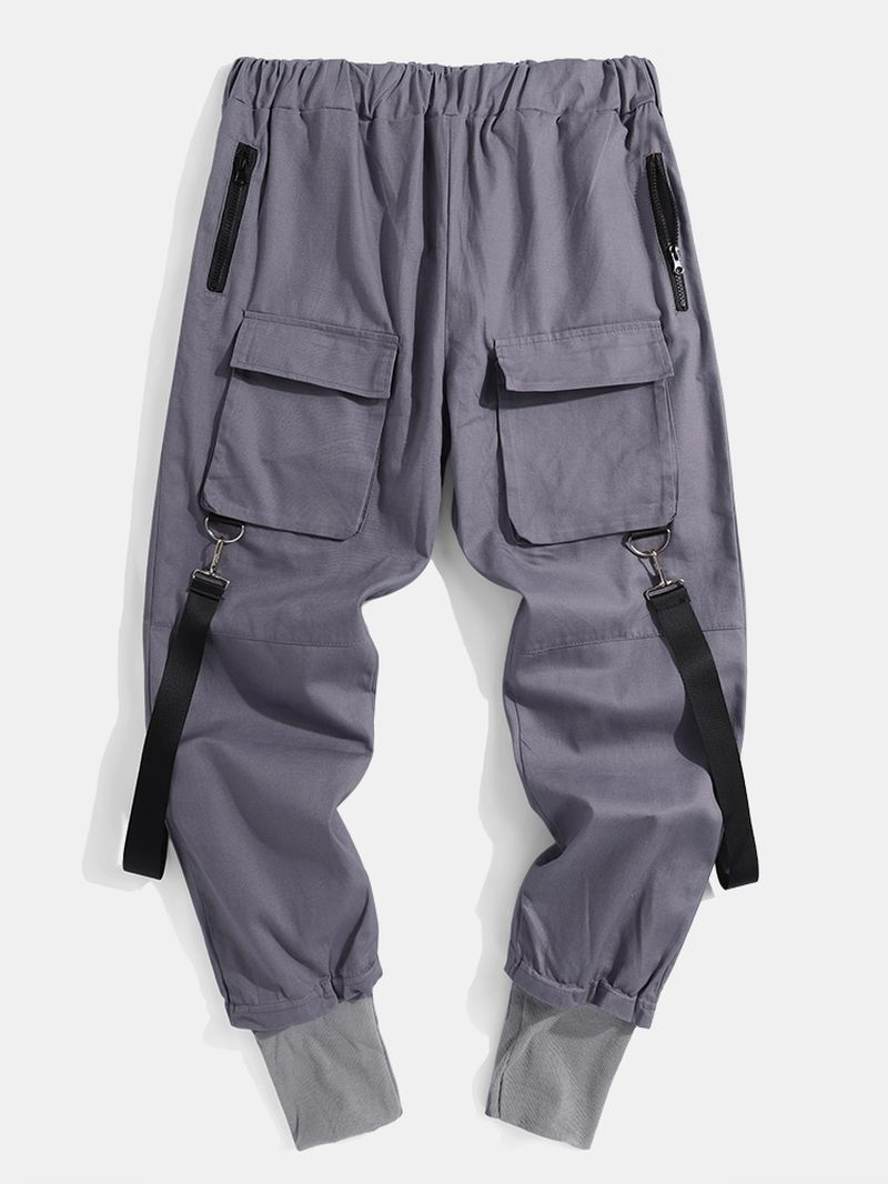 Herre Solid Multi Pocket Elastisk Talje Cargo Beam Feet Bukser Med Bånd