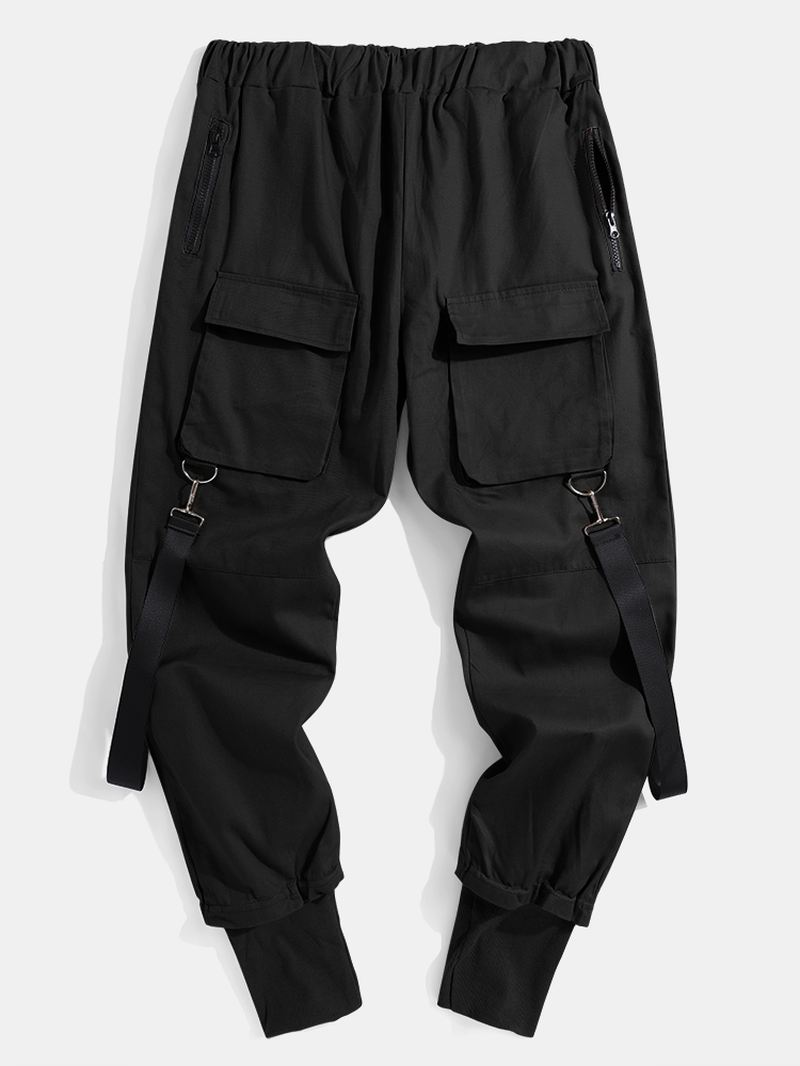 Herre Solid Multi Pocket Elastisk Talje Cargo Beam Feet Bukser Med Bånd