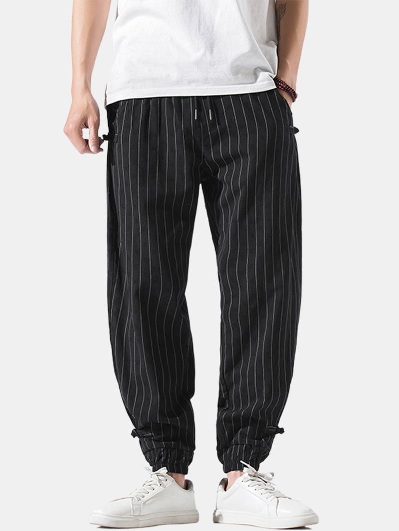 Herre Stripe Chinese Frog Elastisk Taljelomme Casual Joggingbukser