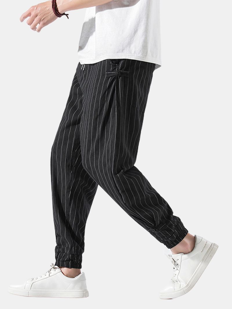 Herre Stripe Chinese Frog Elastisk Taljelomme Casual Joggingbukser