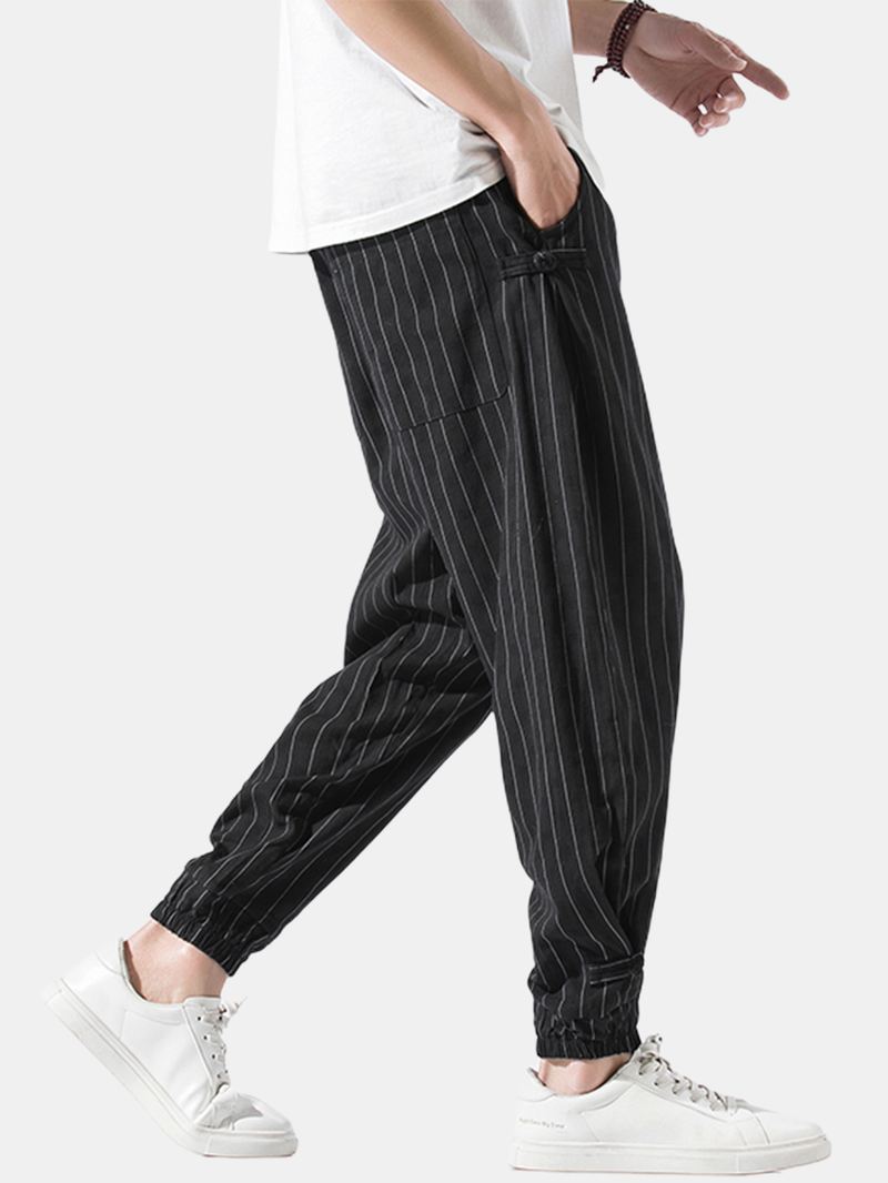 Herre Stripe Chinese Frog Elastisk Taljelomme Casual Joggingbukser