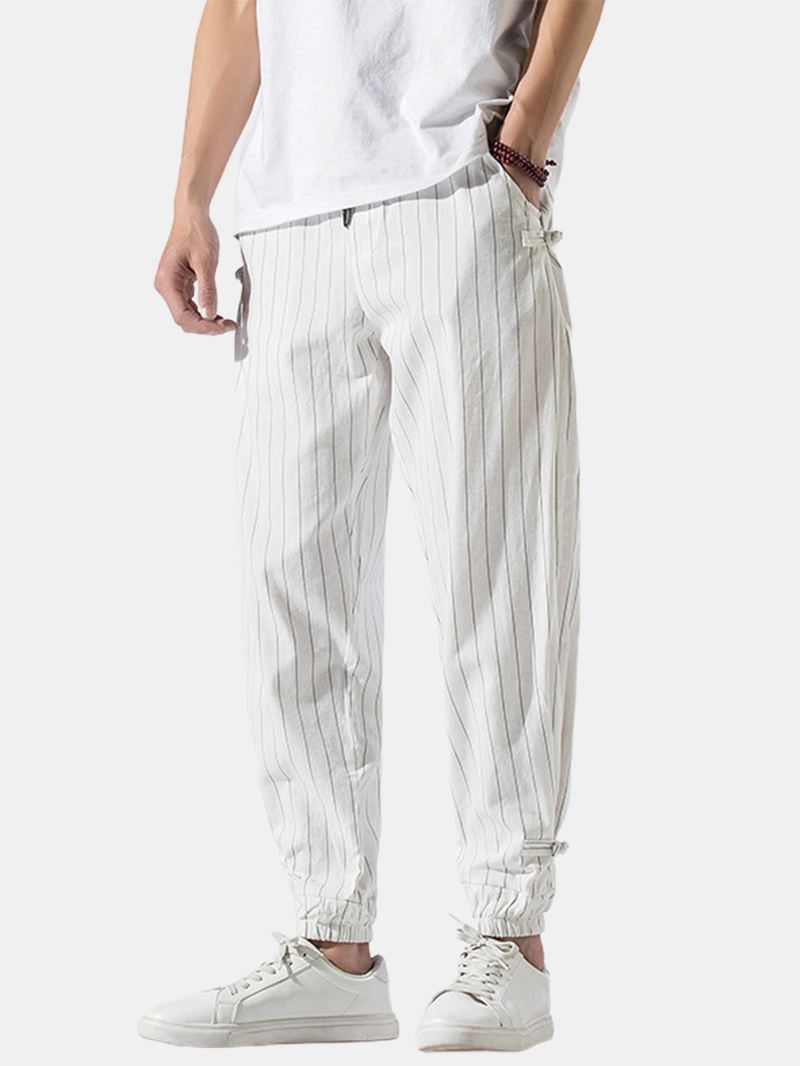 Herre Stripe Chinese Frog Elastisk Taljelomme Casual Joggingbukser