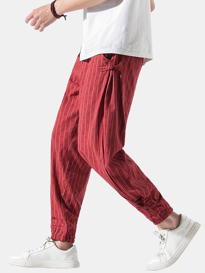 Herre Stripe Chinese Frog Elastisk Taljelomme Casual Joggingbukser