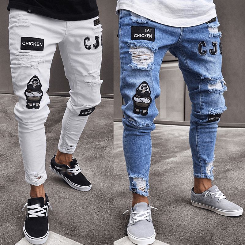 Hvid High-end Denim Herrebukser Grænseoverskridende Udenrigshandel Hul Trend Sorte Slim Jeans Mænd