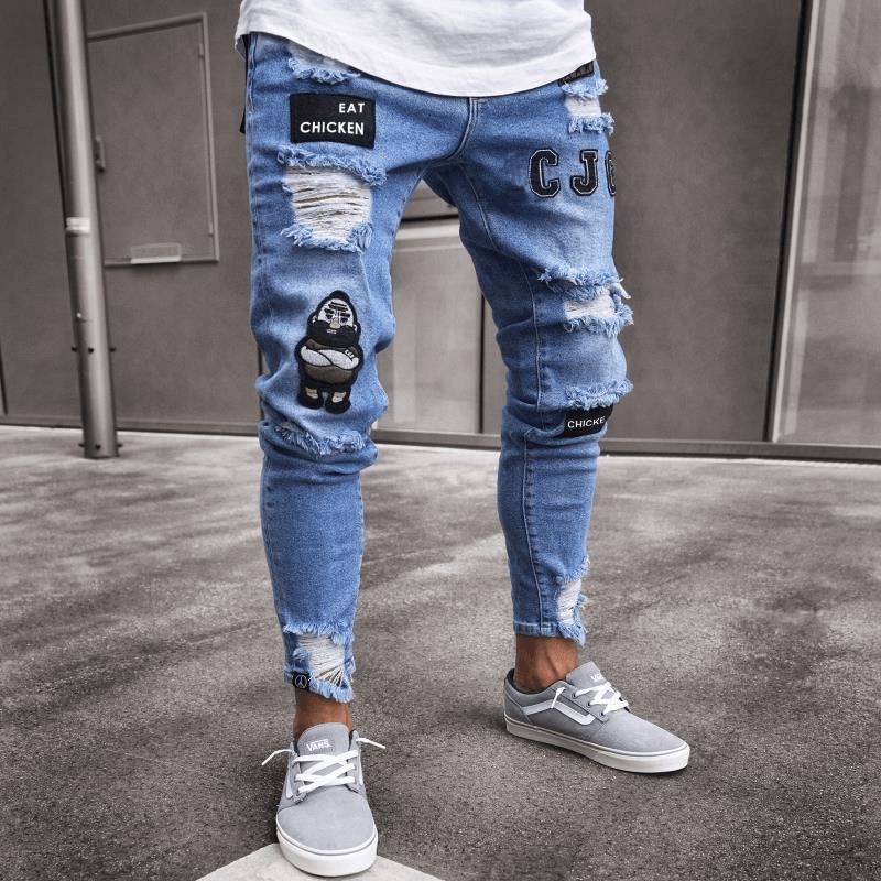 Hvid High-end Denim Herrebukser Grænseoverskridende Udenrigshandel Hul Trend Sorte Slim Jeans Mænd