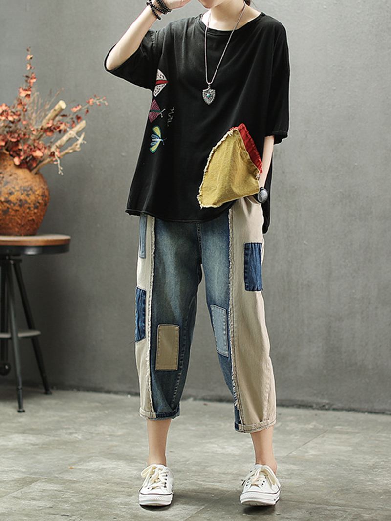 Kontrastfarve Patchwork Patch Casual Jeans