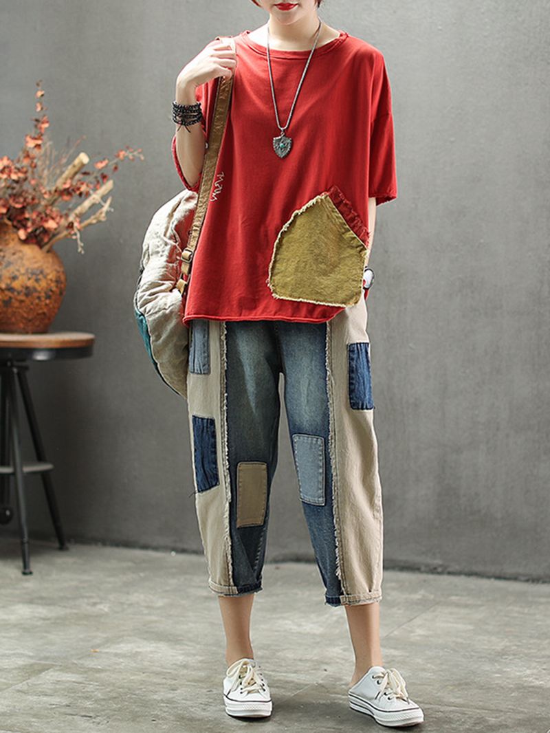 Kontrastfarve Patchwork Patch Casual Jeans