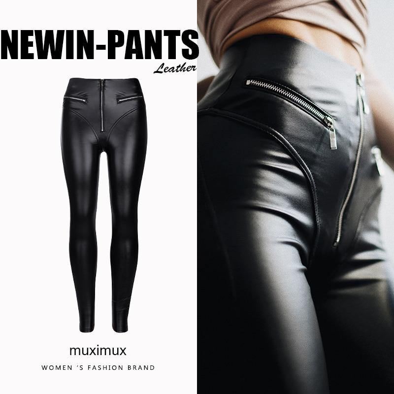 Kvinder Vinter Pencil Pants Capris Spring Sexy Streetwear Solid Sort Slim Fit Højtaljet Skede Læderbukser