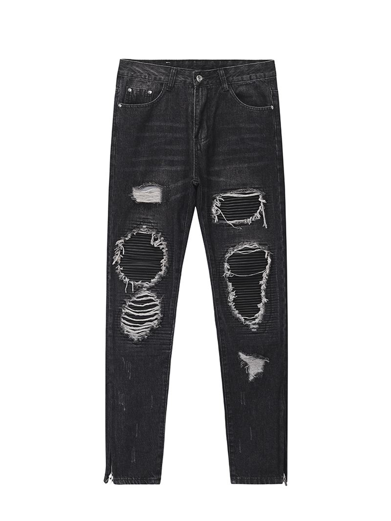 Mænd Ripped Patch Pu Og Læder Lynlås Jeans