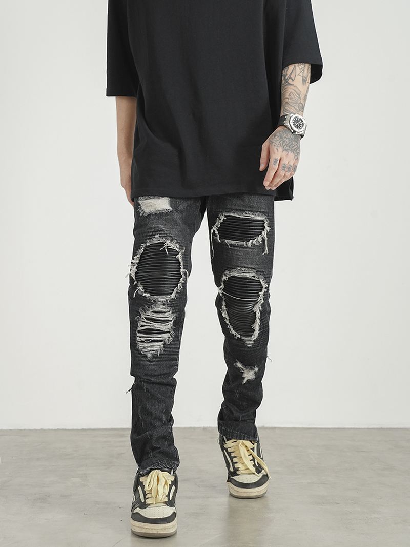 Mænd Ripped Patch Pu Og Læder Lynlås Jeans