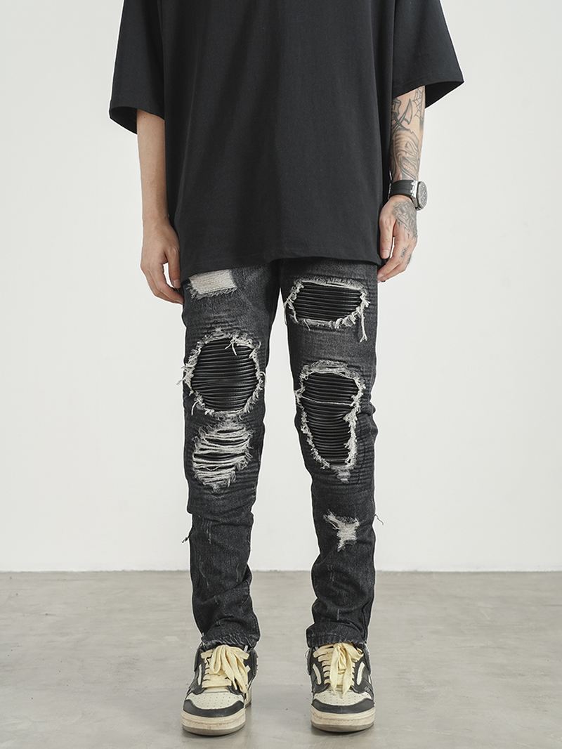 Mænd Ripped Patch Pu Og Læder Lynlås Jeans