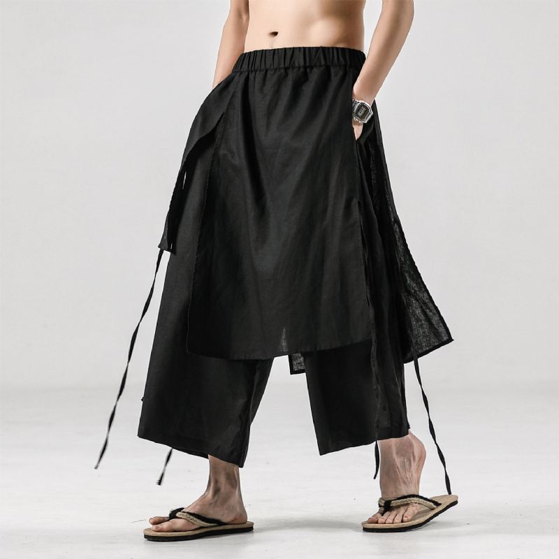 Mænds Ensfarvede Retro Linned Casual Culottes