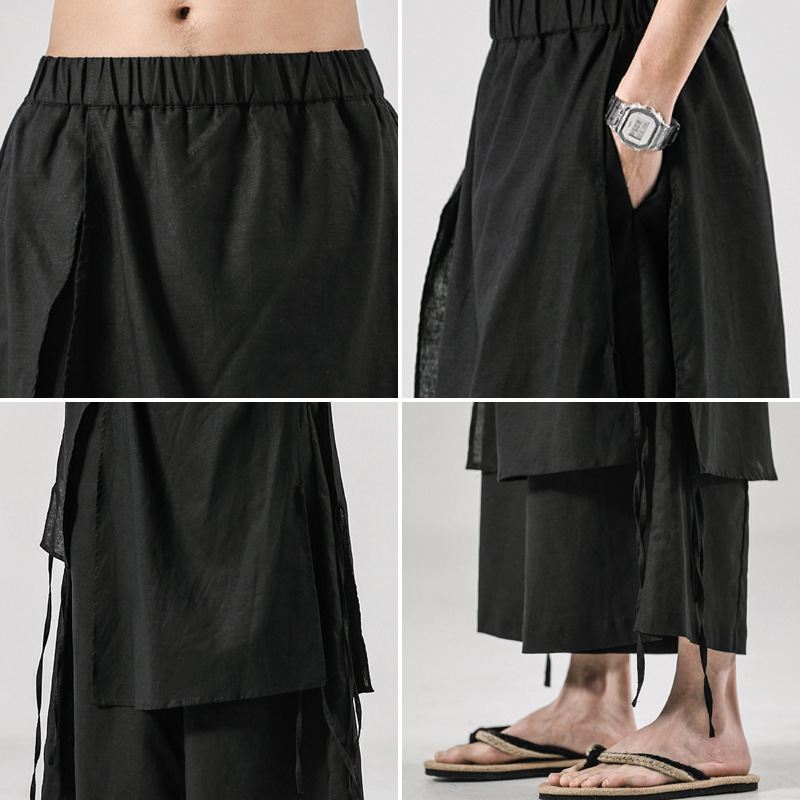 Mænds Ensfarvede Retro Linned Casual Culottes