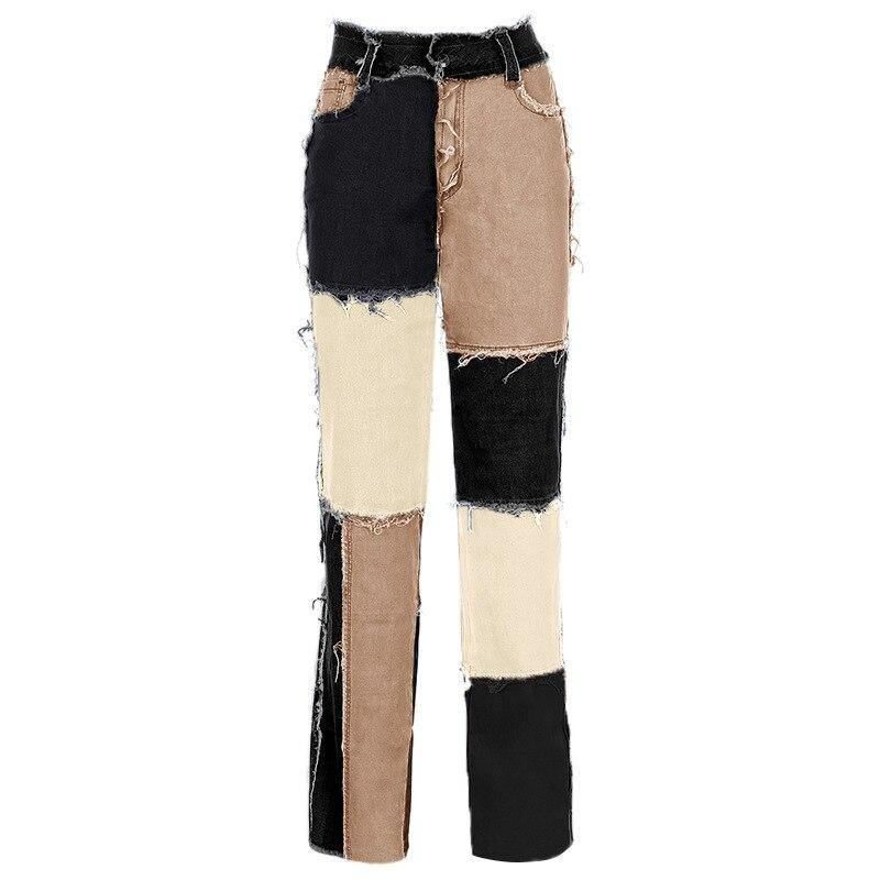 Patchwork Contast Farve Hip Hop Bukser Kvinder High Waist Street Wear Tassel Jeans Casual Denimbukser