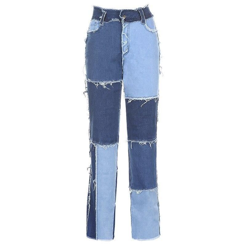 Patchwork Contast Farve Hip Hop Bukser Kvinder High Waist Street Wear Tassel Jeans Casual Denimbukser