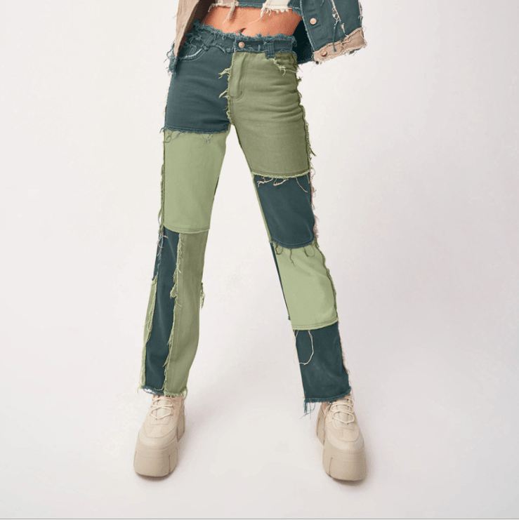 Patchwork Contast Farve Hip Hop Bukser Kvinder High Waist Street Wear Tassel Jeans Casual Denimbukser