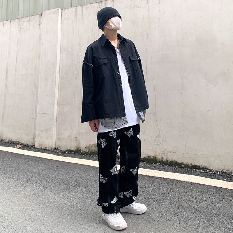 Personlighed Sommerfugl Reflekterende Udskrivning Syning Kvast Harajuku Hip-hop Street Straight Jeans Dark Tide