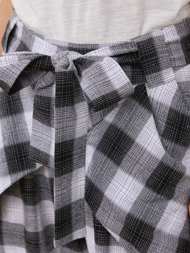 Plaidprint Knotted Pocket Højtaljede Løse Casual Bukser Til Kvinder