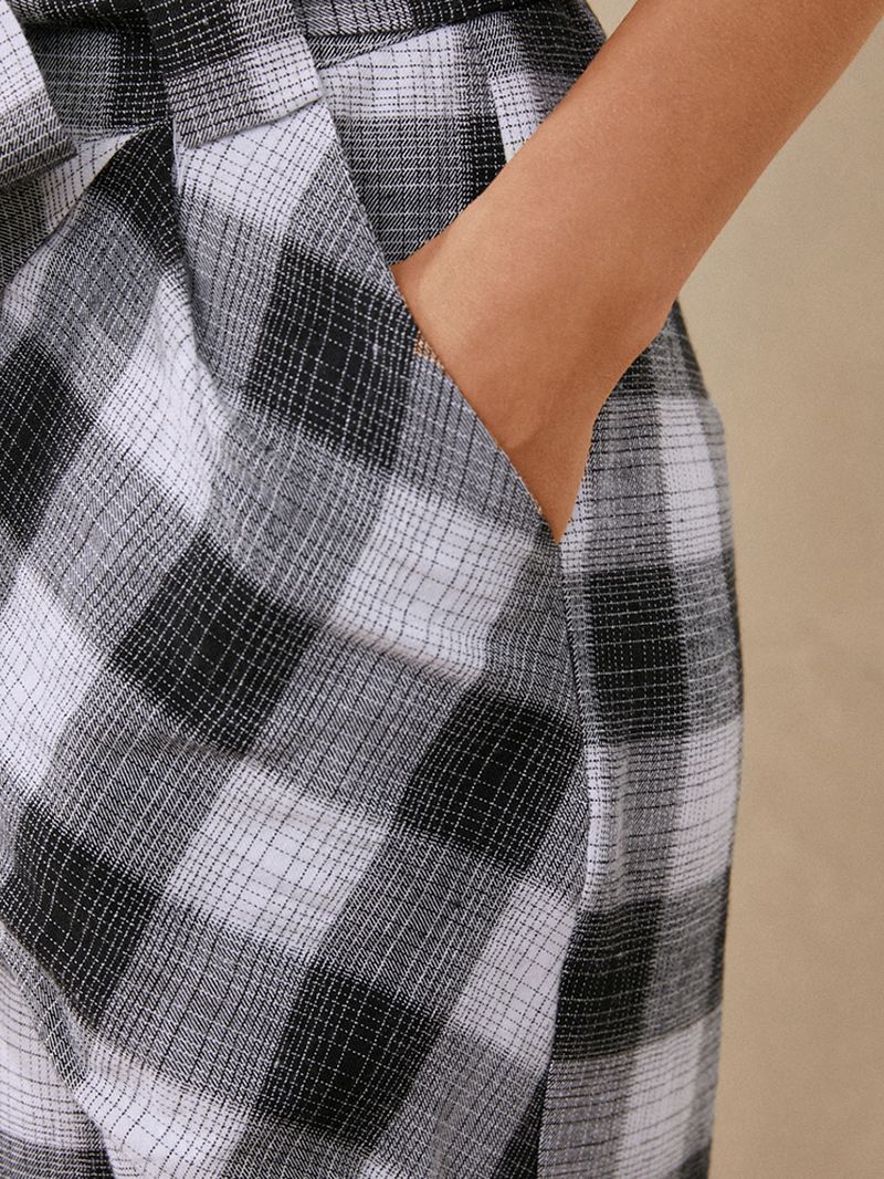 Plaidprint Knotted Pocket Højtaljede Løse Casual Bukser Til Kvinder