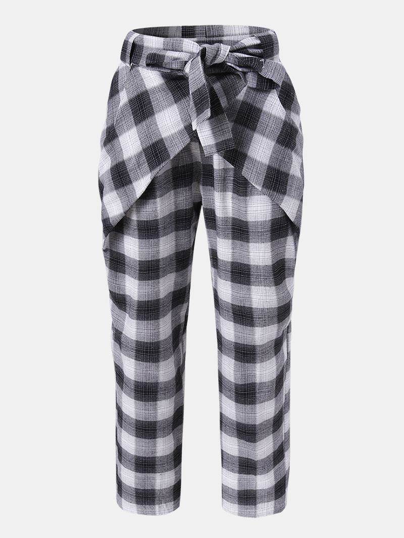 Plaidprint Knotted Pocket Højtaljede Løse Casual Bukser Til Kvinder