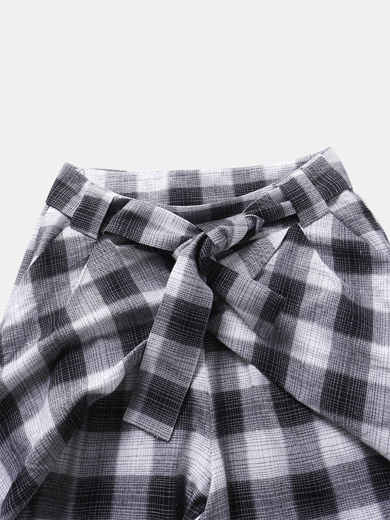 Plaidprint Knotted Pocket Højtaljede Løse Casual Bukser Til Kvinder