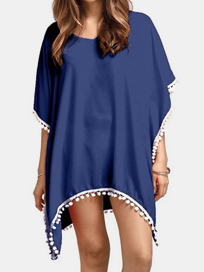 Kvinder Ensfarvet Kvast Flagermus Sleeve Solbeskyttelse Cover Ups Solcreme Beachwear