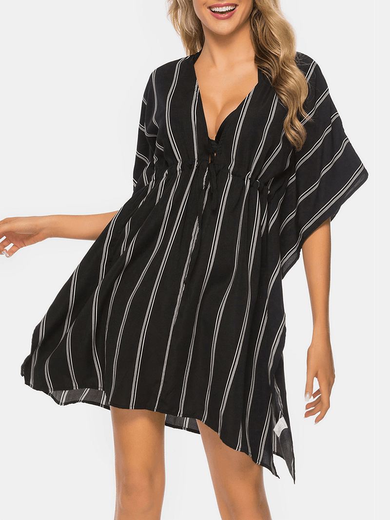 Plus Size Kvinder Stribet Front Tie Bat Sleeve Løs Solbeskyttelse Cover Ups