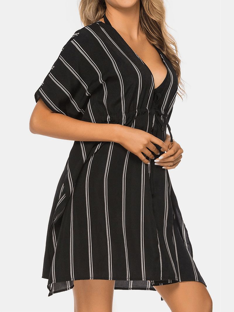 Plus Size Kvinder Stribet Front Tie Bat Sleeve Løs Solbeskyttelse Cover Ups