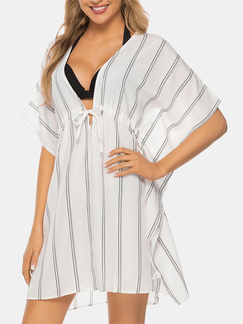 Plus Size Kvinder Stribet Front Tie Bat Sleeve Løs Solbeskyttelse Cover Ups