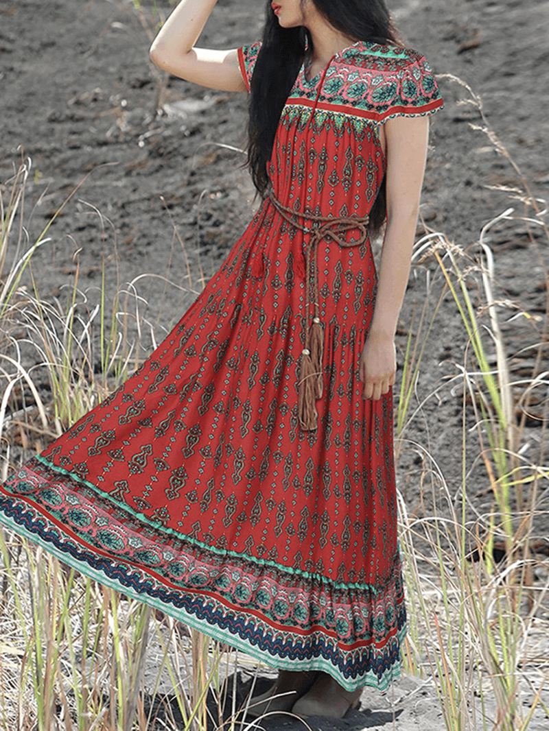 Bohemian Vintage Blomsterprint Lace-up V-hals Kortærmet Holiday Maxi Kjole Til Kvinder