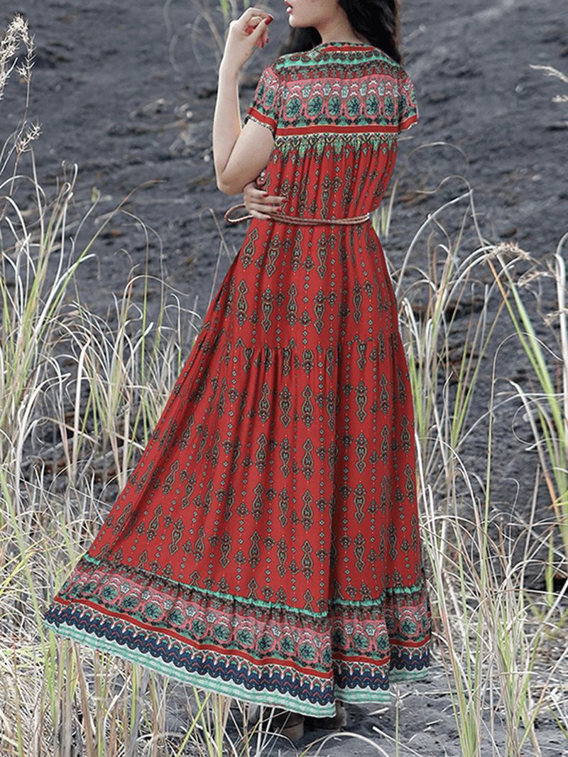 Bohemian Vintage Blomsterprint Lace-up V-hals Kortærmet Holiday Maxi Kjole Til Kvinder