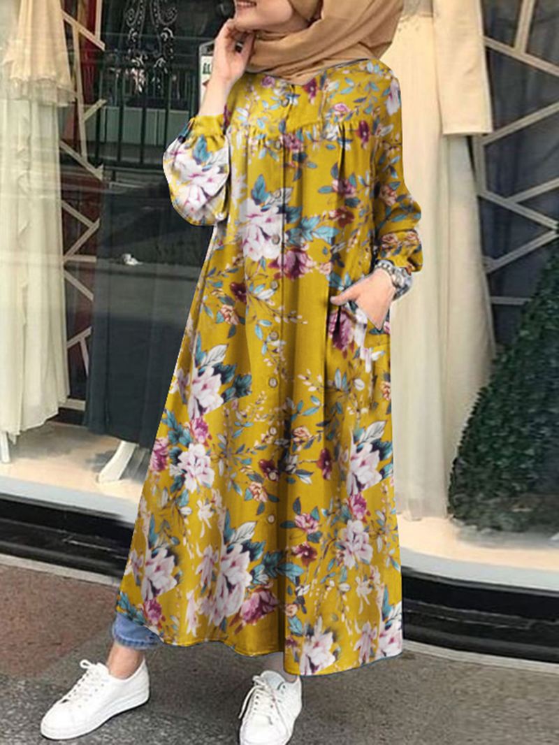 Kvinder 100% Bomuld Blomstertryk Kaftan Maxi-kjoler På Mellemlægslængde Med Sidelomme